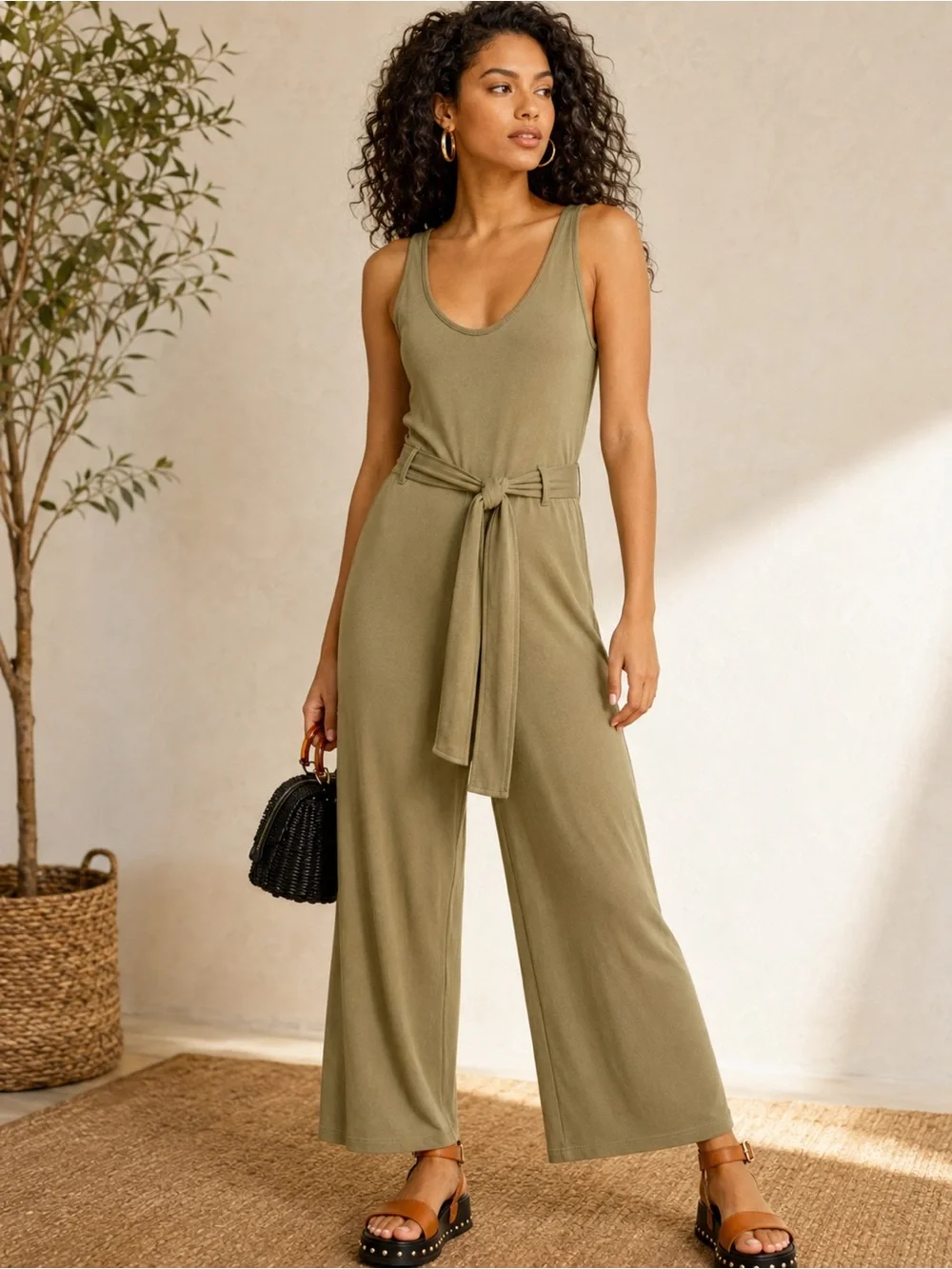 Topshop Olive Green Sleeveless Wide Leg Tie Waist Jumpsuit US 10 - Picture 1 of 14